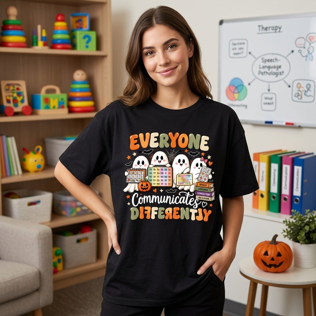 Everyone Communicates Differently Ghost Halloween T-shirt Sweatshirt Hoodie – Speech Teacher Gift - mockup 1
