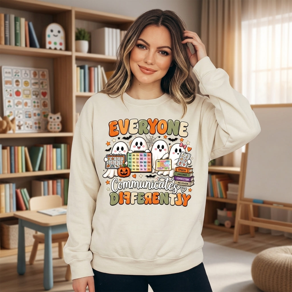 Everyone Communicates Differently Ghost Halloween T-shirt Sweatshirt Hoodie – Speech Teacher Gift - mockup 2
