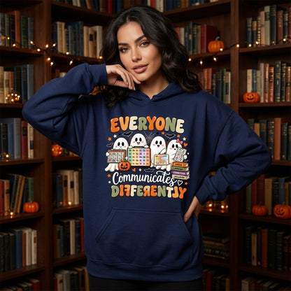 Everyone Communicates Differently Ghost Halloween T-shirt Sweatshirt Hoodie – Speech Teacher Gift - mockup 3