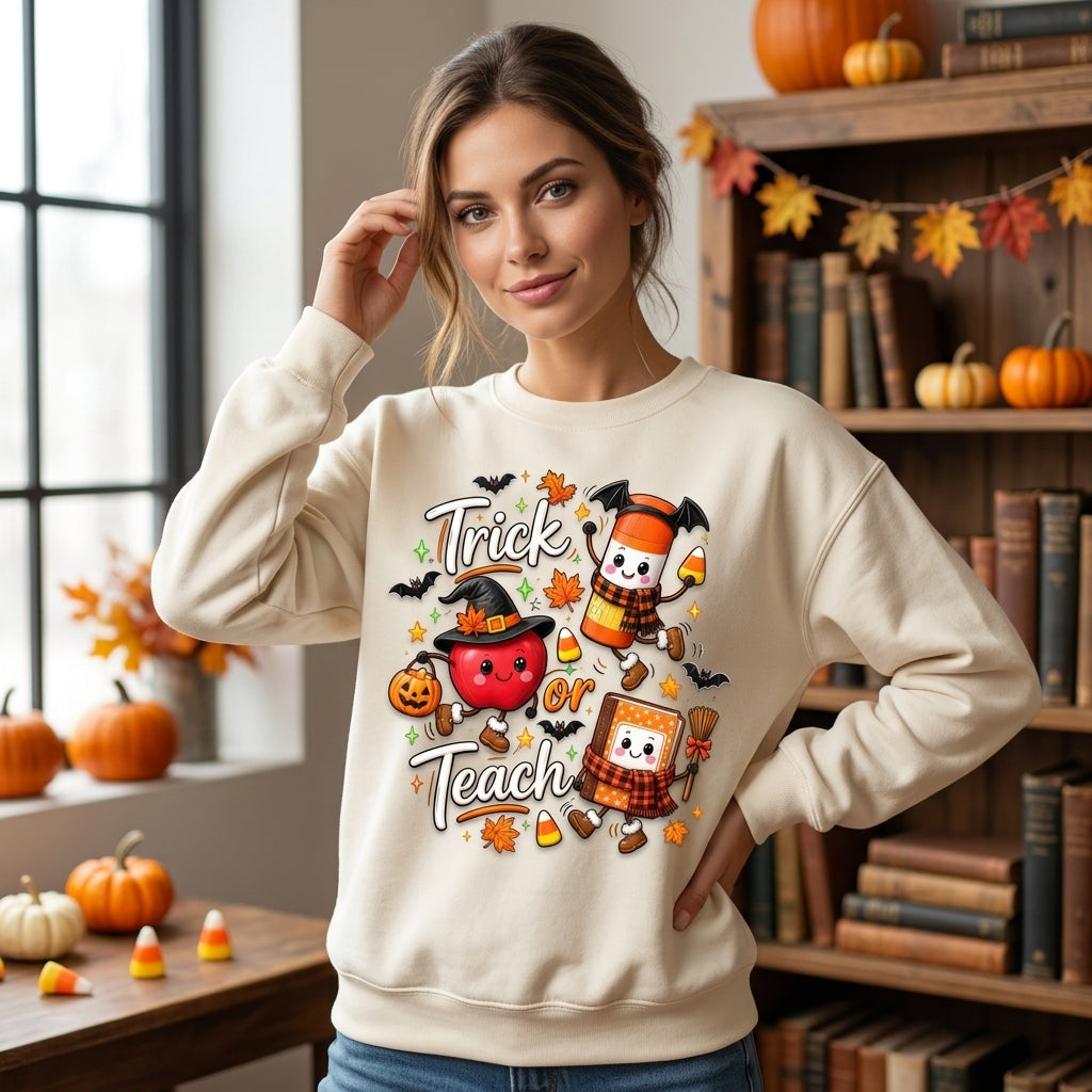 Trick or Teach Cute Halloween Teacher T-shirt Sweatshirt Hoodie - Spooky School Gift - mockup 2