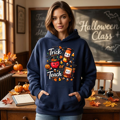 Trick or Teach Cute Halloween Teacher T-shirt Sweatshirt Hoodie - Spooky School Gift - mockup 3