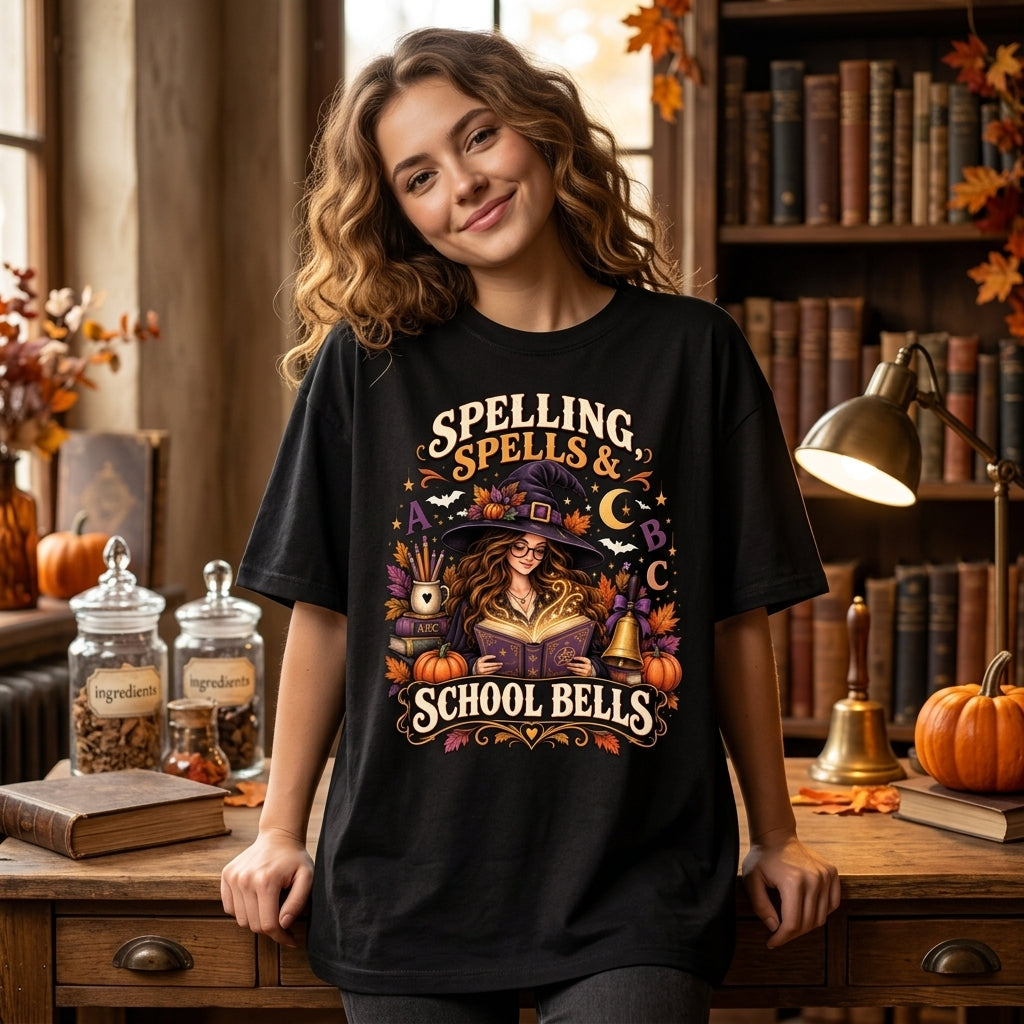 Spelling Spells & School Bells Witch Teacher Halloween T-shirt Sweatshirt Hoodie - mockup 1