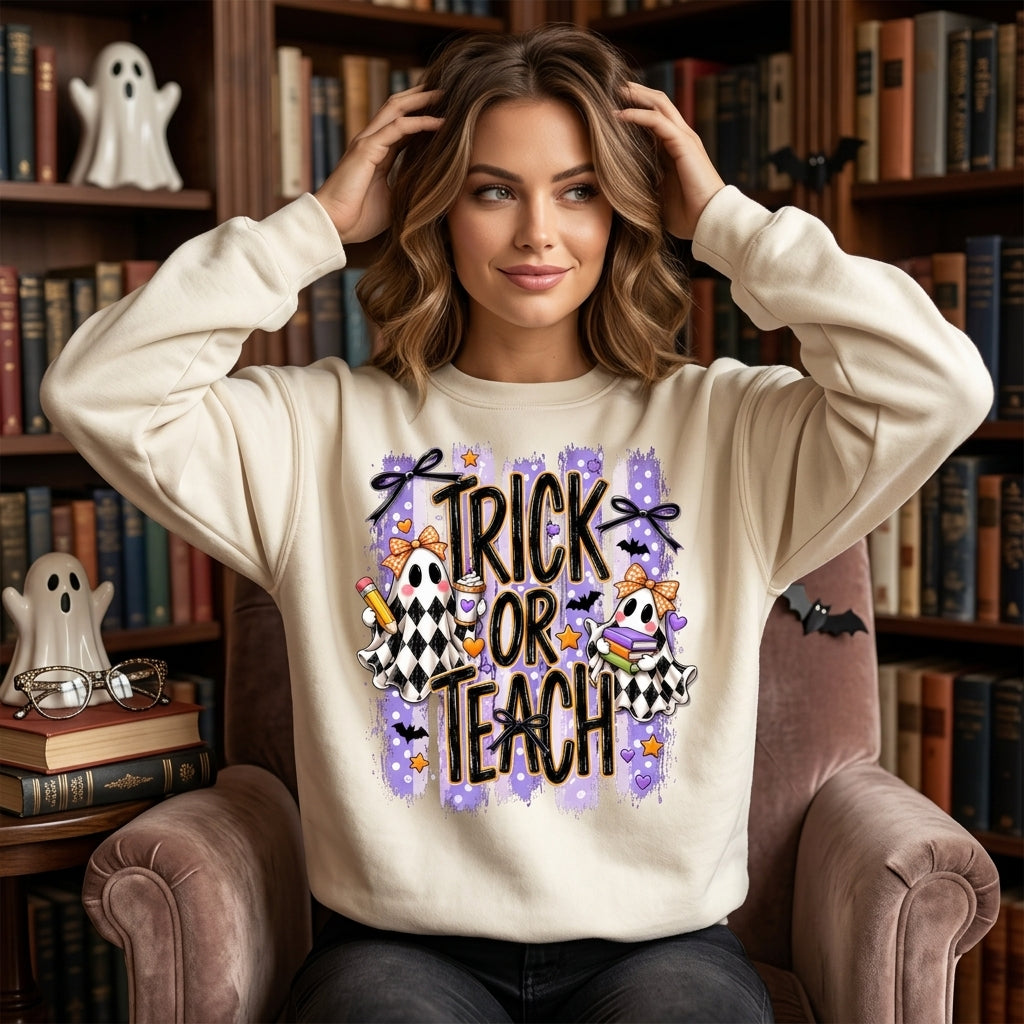 Trick Or Teach Halloween Ghost T-shirt Sweatshirt Hoodie – Cute Teacher Gift - mockup 2
