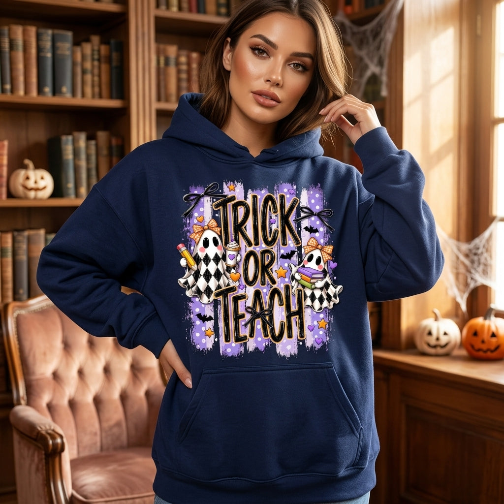 Trick Or Teach Halloween Ghost T-shirt Sweatshirt Hoodie – Cute Teacher Gift - mockup 3