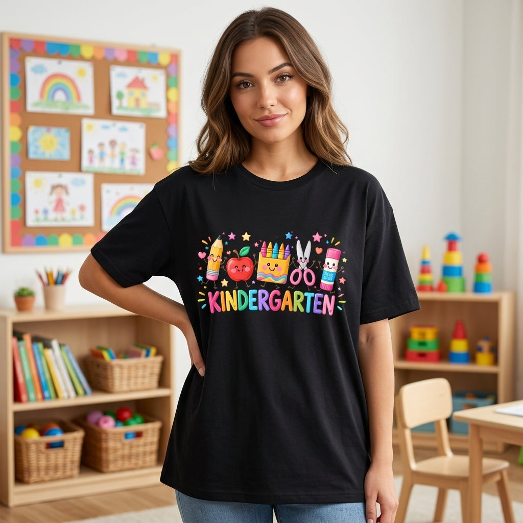 Personalized Kindergarten School Supplies T-shirt Sweatshirt Hoodie – Cute Teacher Gift - mockup 1
