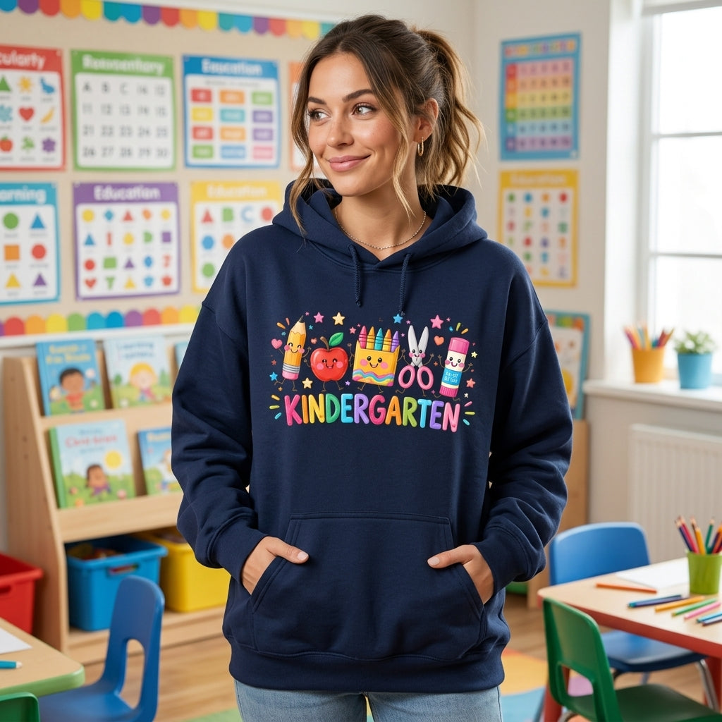 Personalized Kindergarten School Supplies T-shirt Sweatshirt Hoodie – Cute Teacher Gift - mockup 3