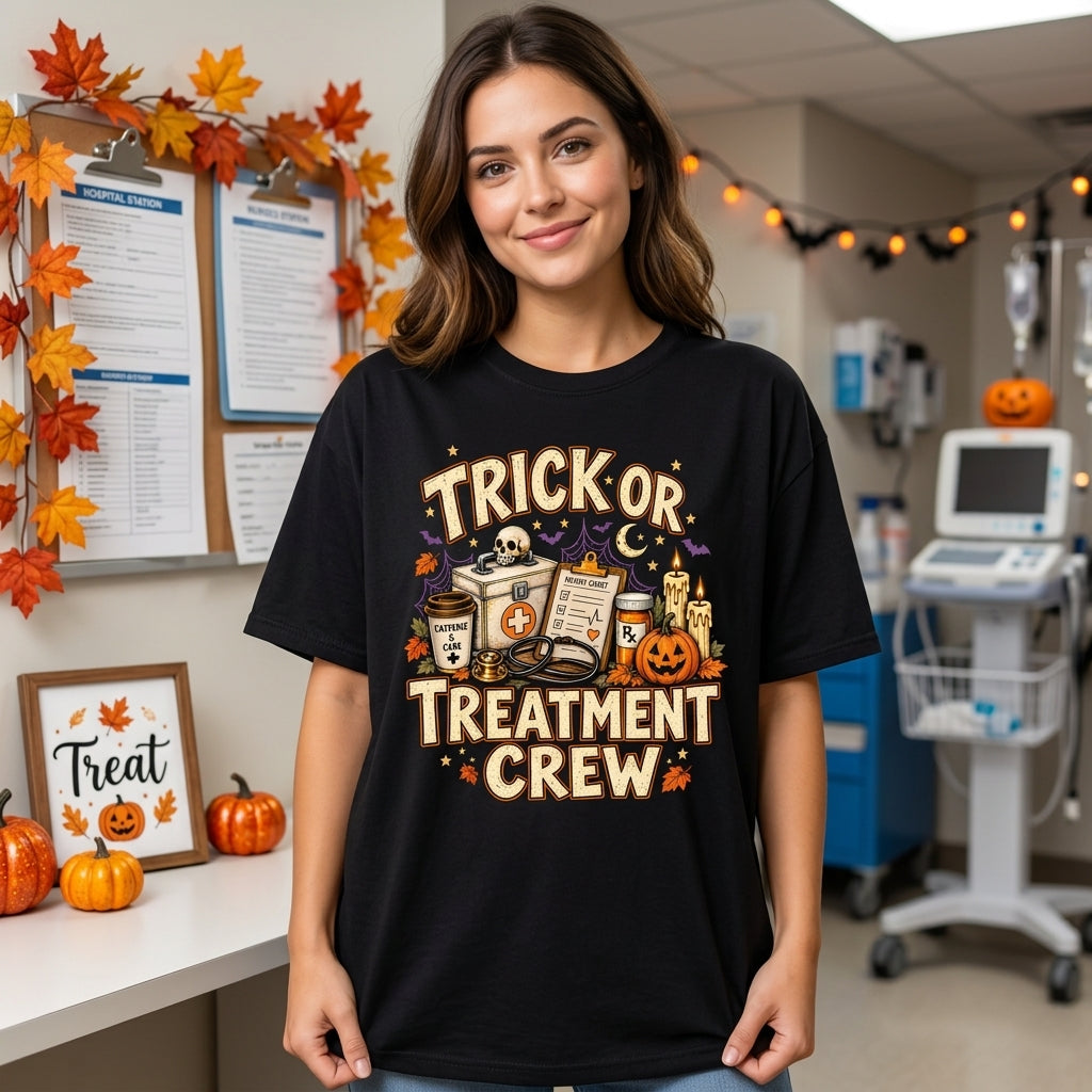 Trick or Treatment Crew Halloween Nurse T-shirt Sweatshirt Hoodie – Spooky Season RN Gift - mockup 1