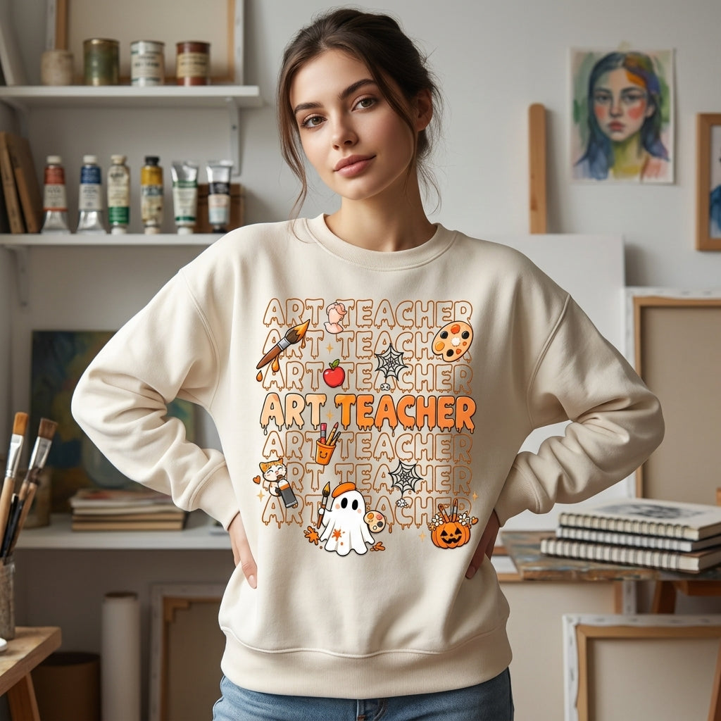 Spooky Art Teacher Ghost T-shirt Sweatshirt Hoodie - Cute Halloween Artist Gift for Teachers - mockup 2