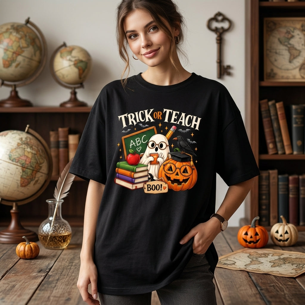 Trick or Teach Ghost T-shirt Sweatshirt Hoodie – Cute 21 Teacher Halloween School Apparel - mockup 1