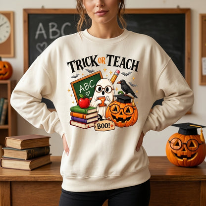 Trick or Teach Ghost T-shirt Sweatshirt Hoodie – Cute 21 Teacher Halloween School Apparel - mockup 2