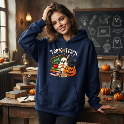 Trick or Teach Ghost T-shirt Sweatshirt Hoodie – Cute 21 Teacher Halloween School Apparel - mockup 3