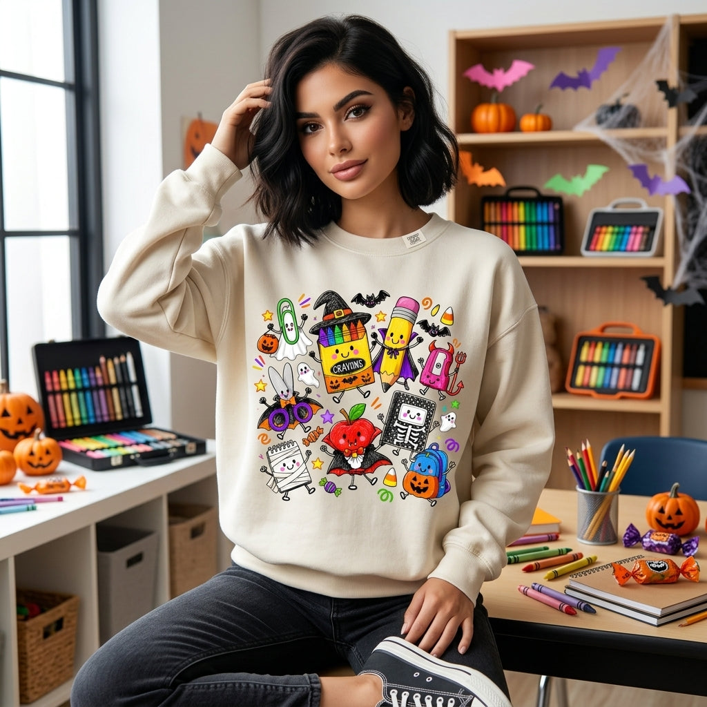 23 Back to School Halloween Spooky School Supplies T-shirt Sweatshirt Hoodie for Teachers - mockup 2