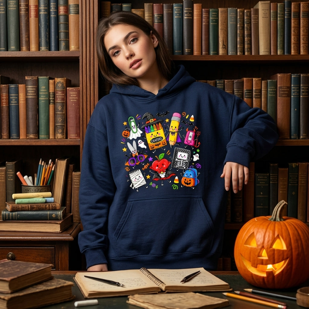 23 Back to School Halloween Spooky School Supplies T-shirt Sweatshirt Hoodie for Teachers - mockup 3