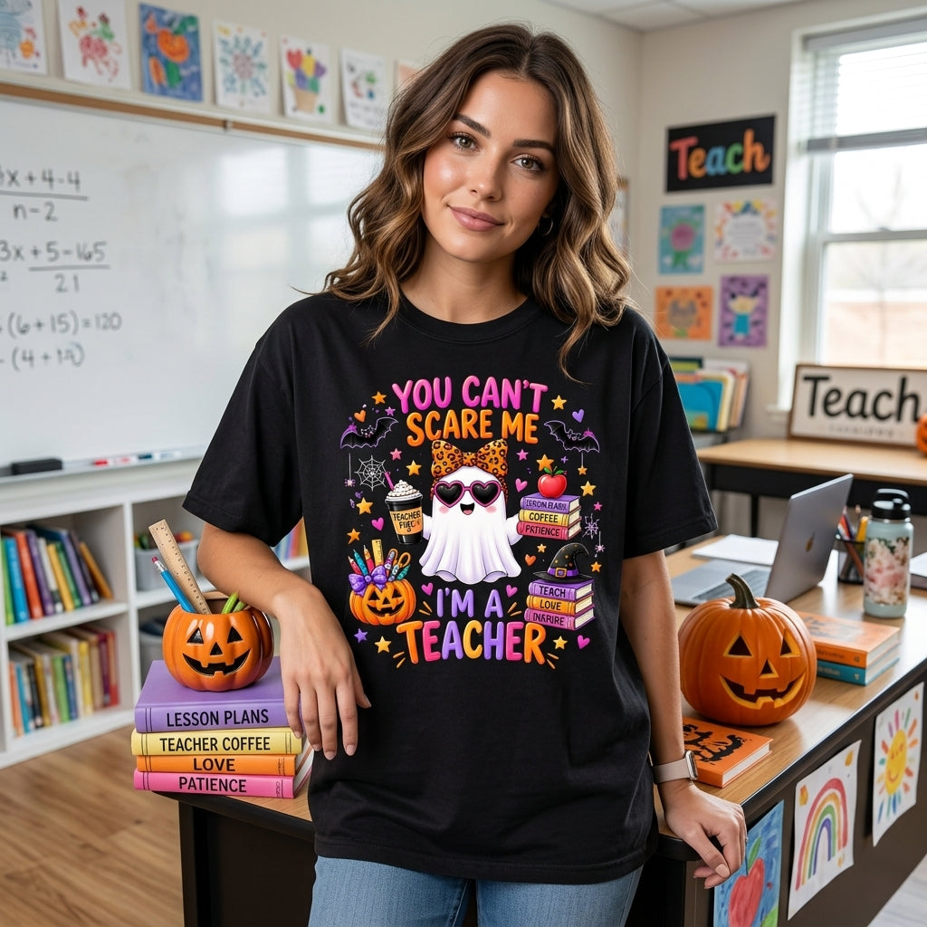 You Can't Scare Me I'm A Teacher Ghost T-shirt Sweatshirt Hoodie – Funny Halloween Educator Gift - mockup 1