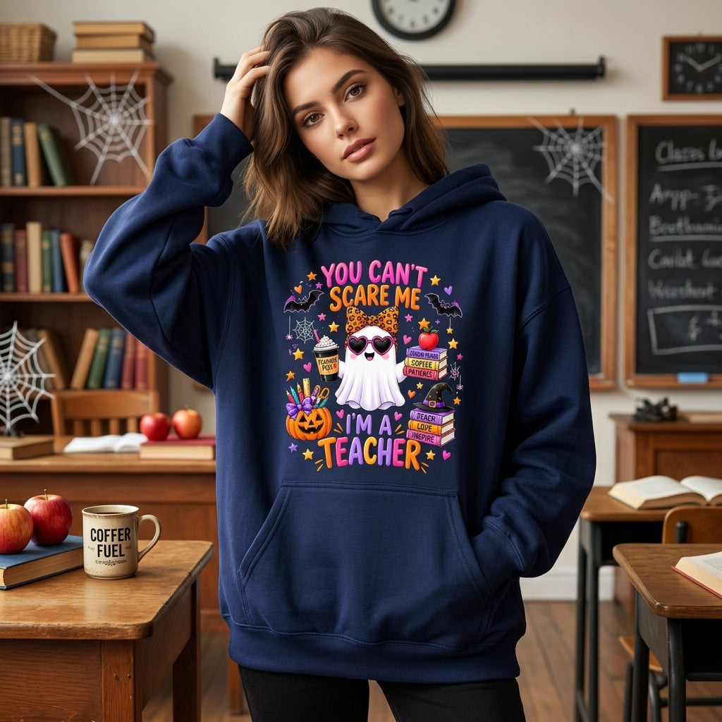 You Can't Scare Me I'm A Teacher Ghost T-shirt Sweatshirt Hoodie – Funny Halloween Educator Gift - mockup 3