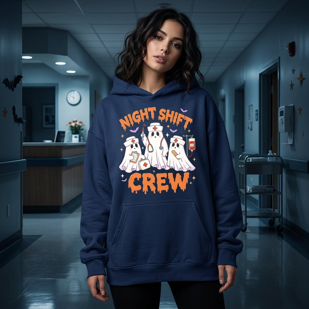 Night Shift Crew Halloween Nursing Ghosts T-shirt Sweatshirt Hoodie – Spooky Nurse Gift - mockup 3
