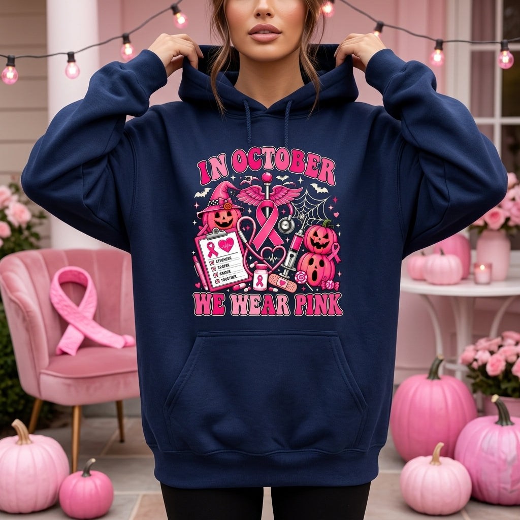 In October We Wear Pink Spooky Nurse T-shirt Sweatshirt Hoodie – Breast Cancer Awareness Gift - mockup 3