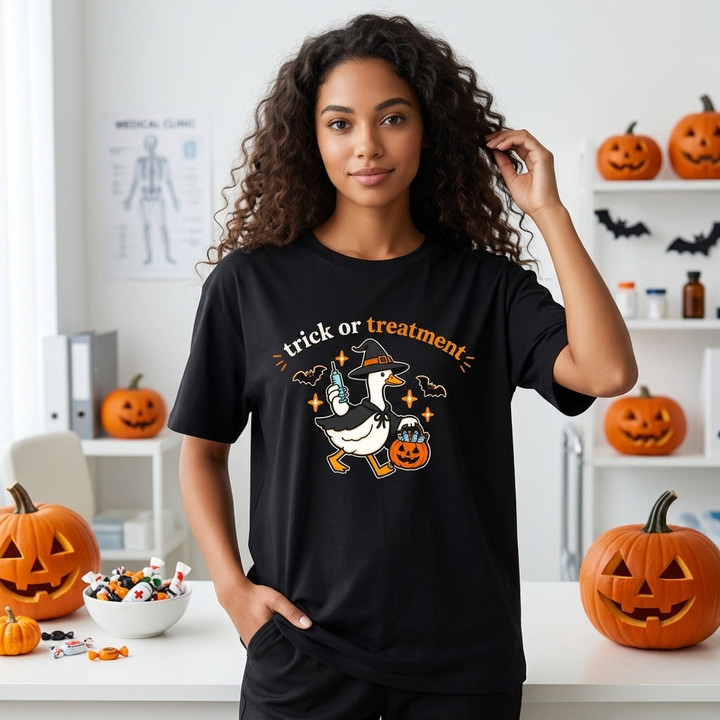 Funny Trick or Treatment Duck Witch T-shirt Sweatshirt Hoodie – Nurse Halloween Gift - mockup 1