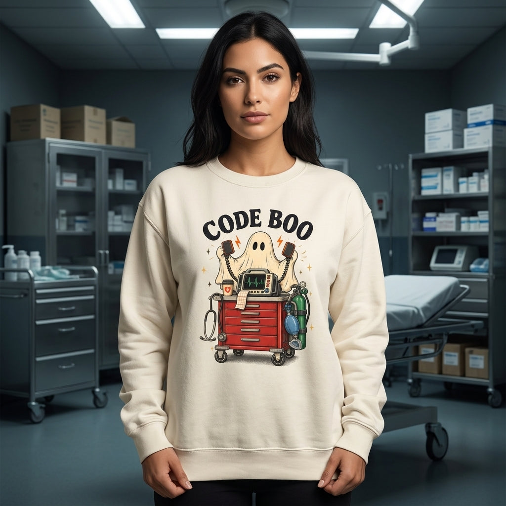 Code Boo Ghost Crash Cart Halloween T-shirt Sweatshirt Hoodie – Funny Nurse Gift - mockup 2