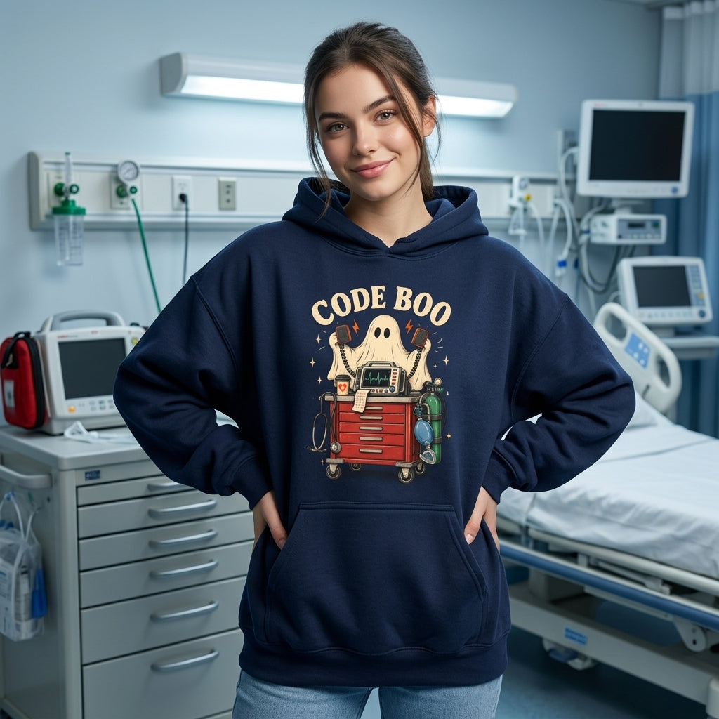 Code Boo Ghost Crash Cart Halloween T-shirt Sweatshirt Hoodie – Funny Nurse Gift - mockup 3