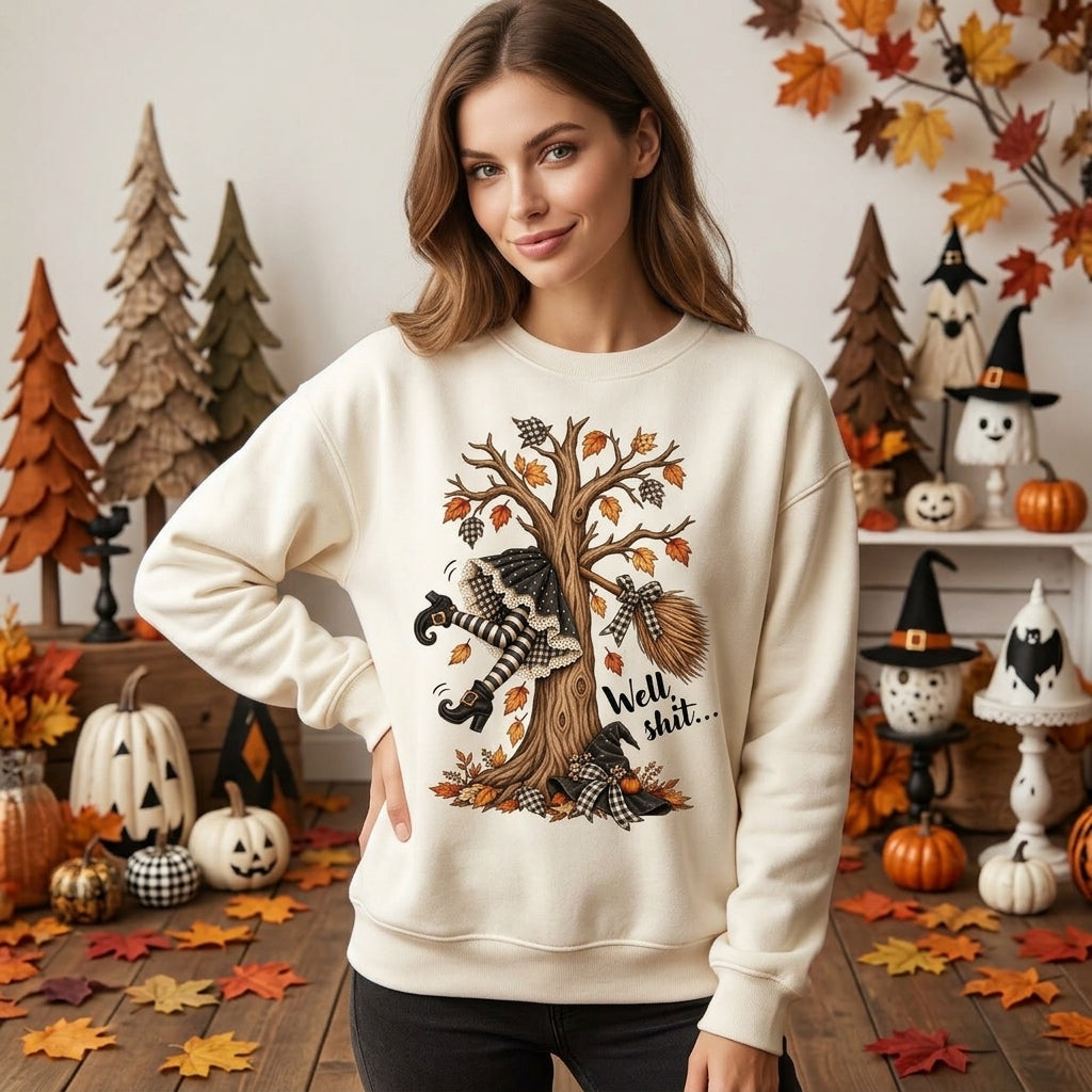 Well Shit Funny Witch Crashing Into Tree Sweatshirt – Dark Humor Halloween Shirt - mockup 1