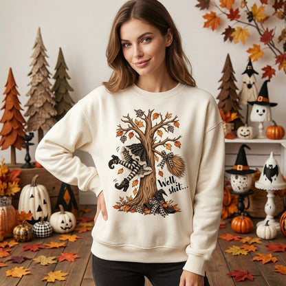 Well Shit Funny Witch Crashing Into Tree Sweatshirt – Dark Humor Halloween Shirt - mockup 1