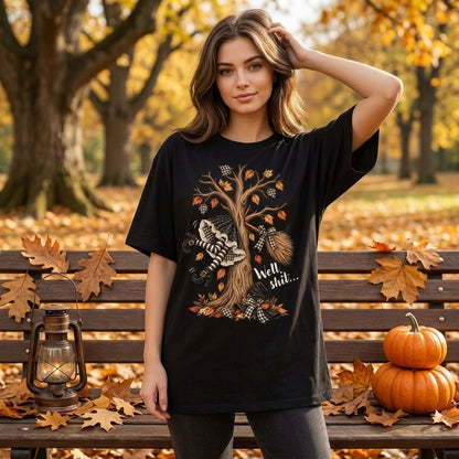 Well Shit Funny Witch Crashing Into Tree Sweatshirt – Dark Humor Halloween Shirt - mockup 2