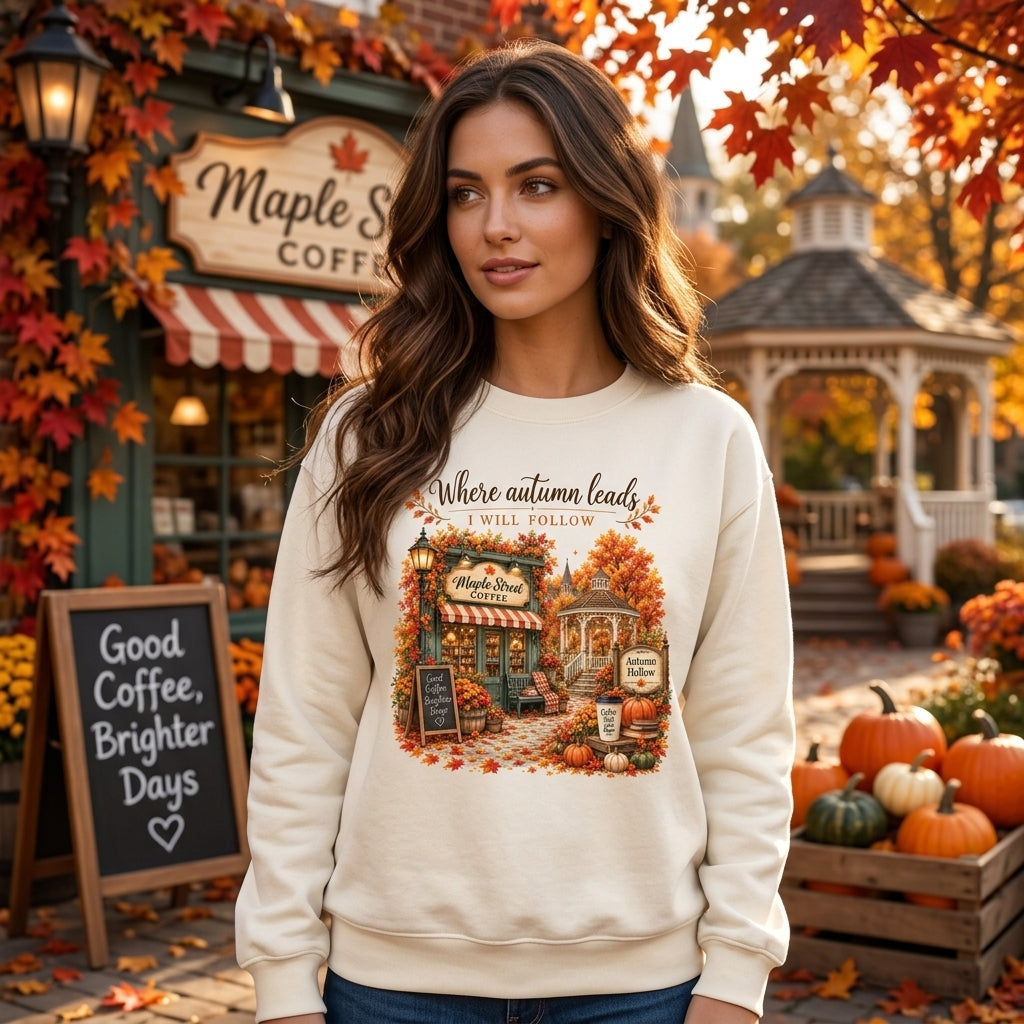 Where Autumn Leads I Will Follow Stars Hollow T-shirt Sweatshirt Hoodie - Fall Coffee Apparel - mockup 1