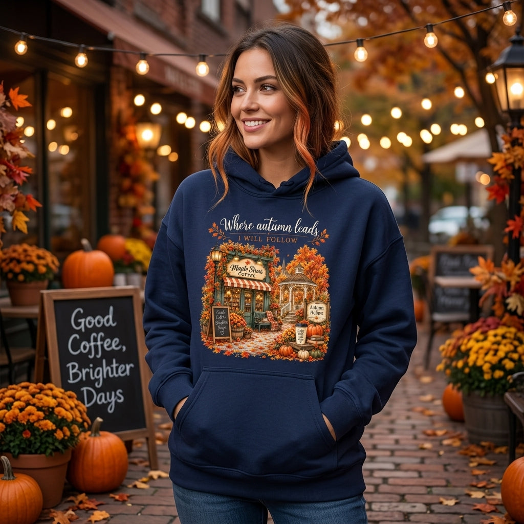 Where Autumn Leads I Will Follow Stars Hollow T-shirt Sweatshirt Hoodie - Fall Coffee Apparel - mockup 3