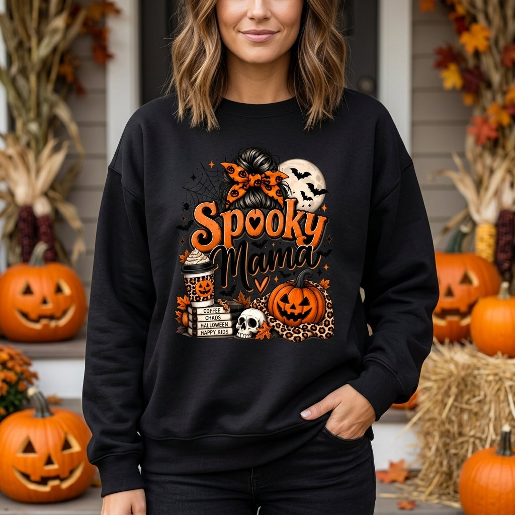 Spooky Mama Halloween Leopard Pumpkin Graphic T-shirt Sweatshirt Hoodie – Fall Mom Gift - mockup 2