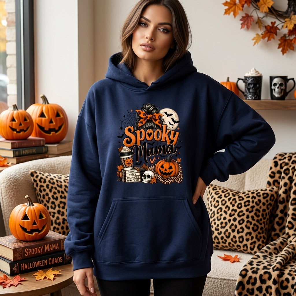 Spooky Mama Halloween Leopard Pumpkin Graphic T-shirt Sweatshirt Hoodie – Fall Mom Gift - mockup 3