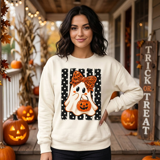 Preppy Halloween Ghost Polka Dots T-shirt Sweatshirt Hoodie – Spooky Cute Fall Apparel - mockup 1