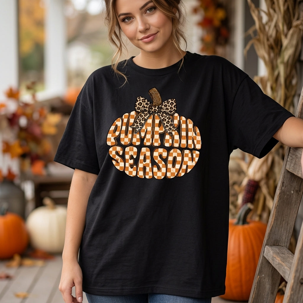 Preppy Leopard Bow Pumpkin Season Checkered Fall T-shirt Sweatshirt Hoodie for Women - mockup 2