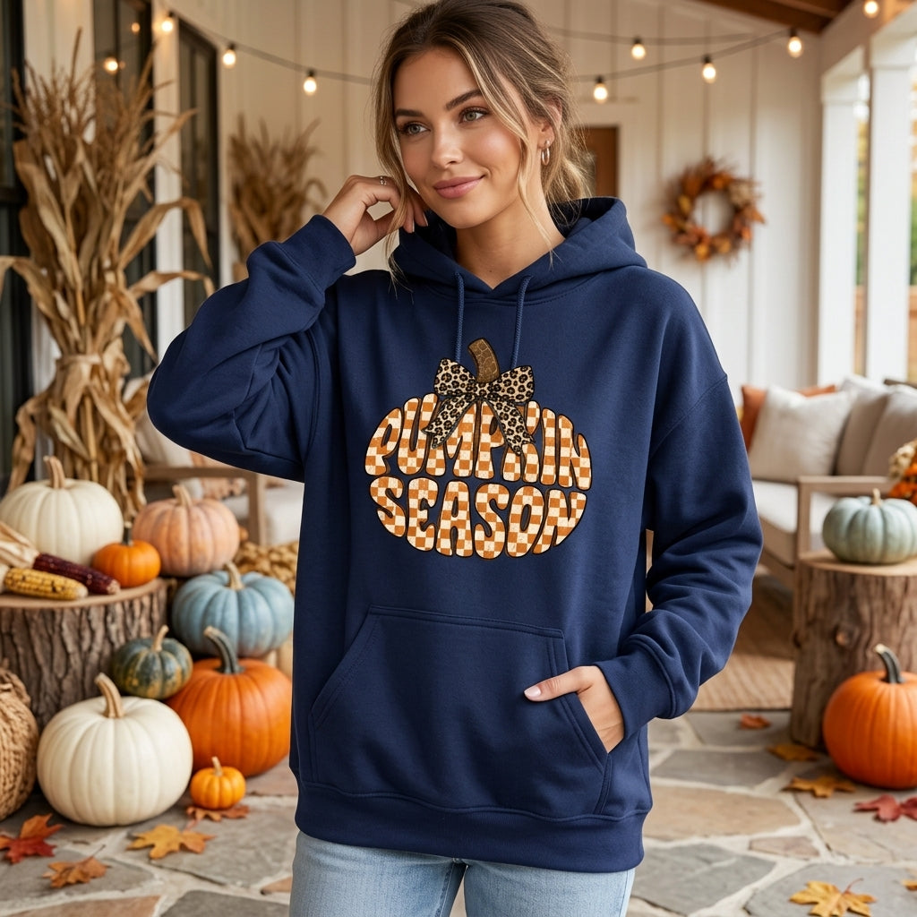 Preppy Leopard Bow Pumpkin Season Checkered Fall T-shirt Sweatshirt Hoodie for Women - mockup 3