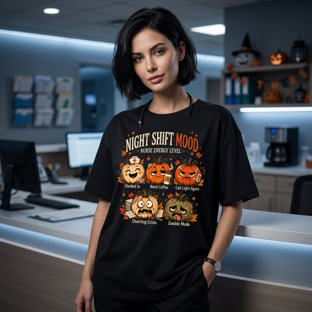 Night Shift Mood Nurse Energy Level T-shirt Sweatshirt Hoodie – Halloween Pumpkin Gift - mockup 2