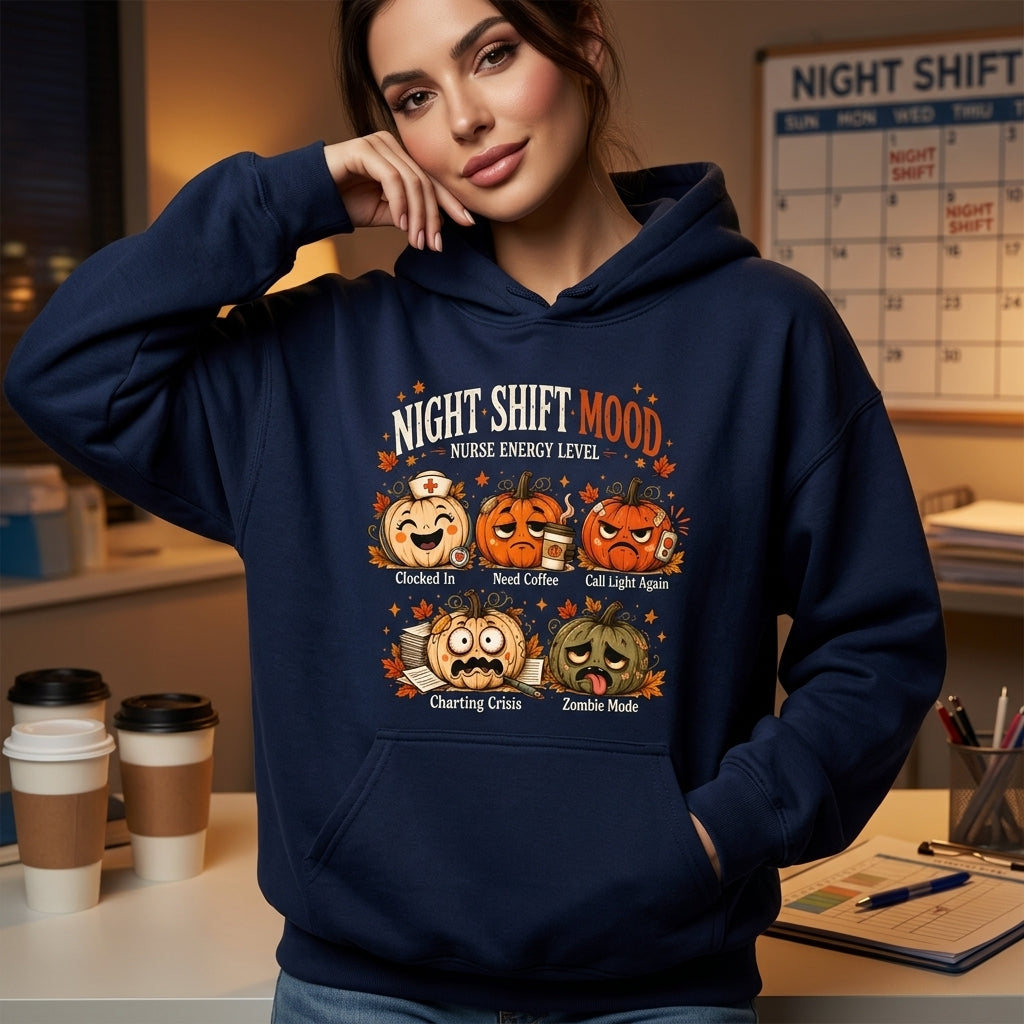 Night Shift Mood Nurse Energy Level T-shirt Sweatshirt Hoodie – Halloween Pumpkin Gift - mockup 3