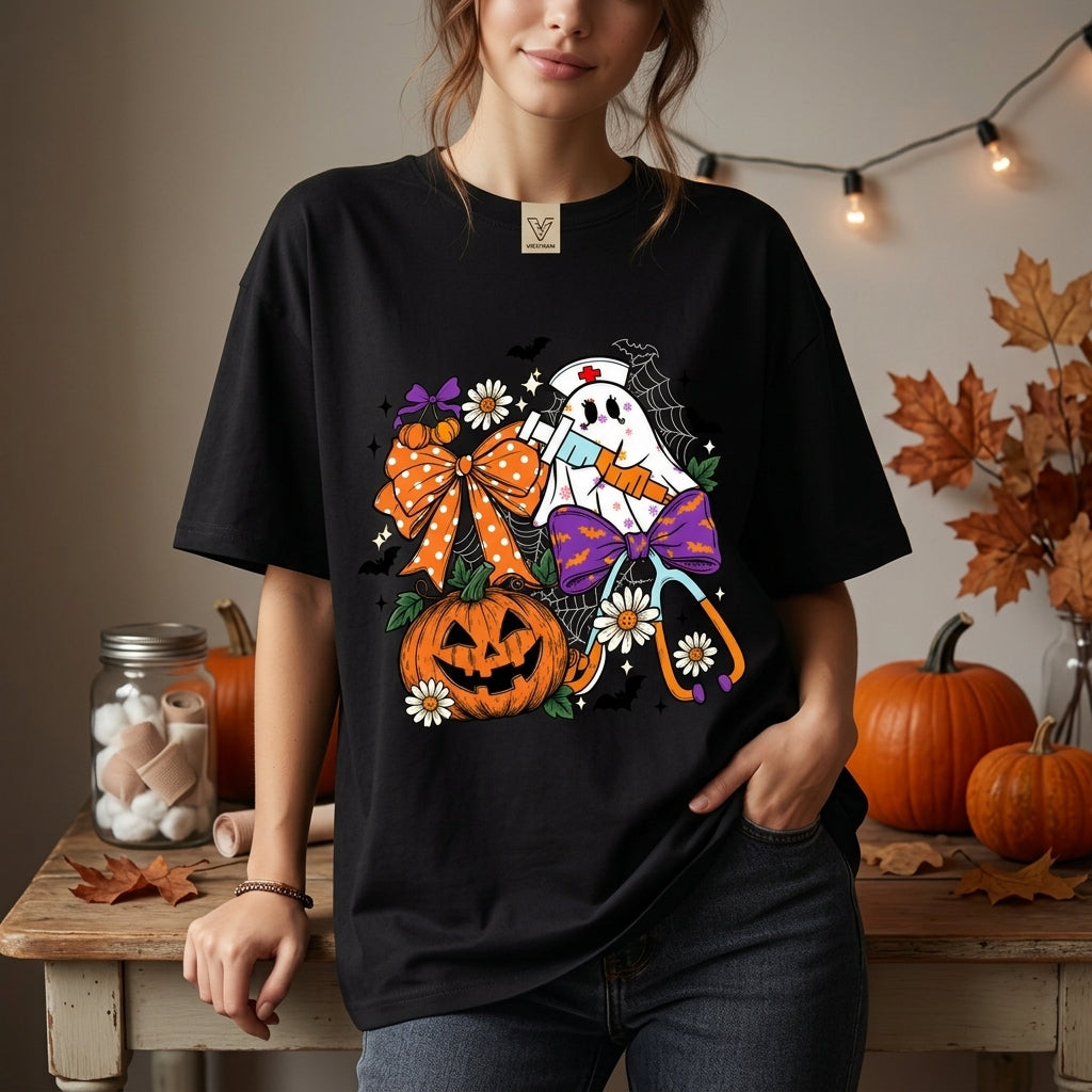 Nurse Halloween Coquette Ghost Graphic T-shirt Sweatshirt Hoodie – Cute Nursing Gift - mockup 2