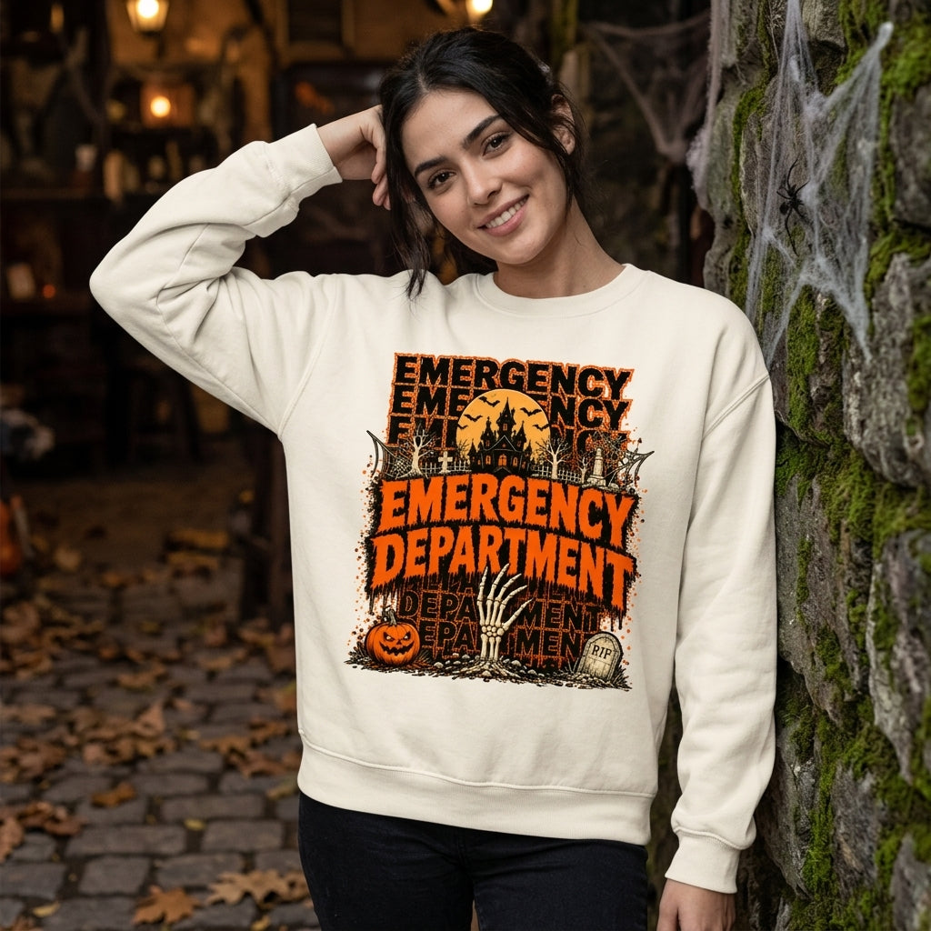 Halloween Emergency Department Graphic T-shirt Sweatshirt Hoodie – Spooky ER Nurse Gift - mockup 1