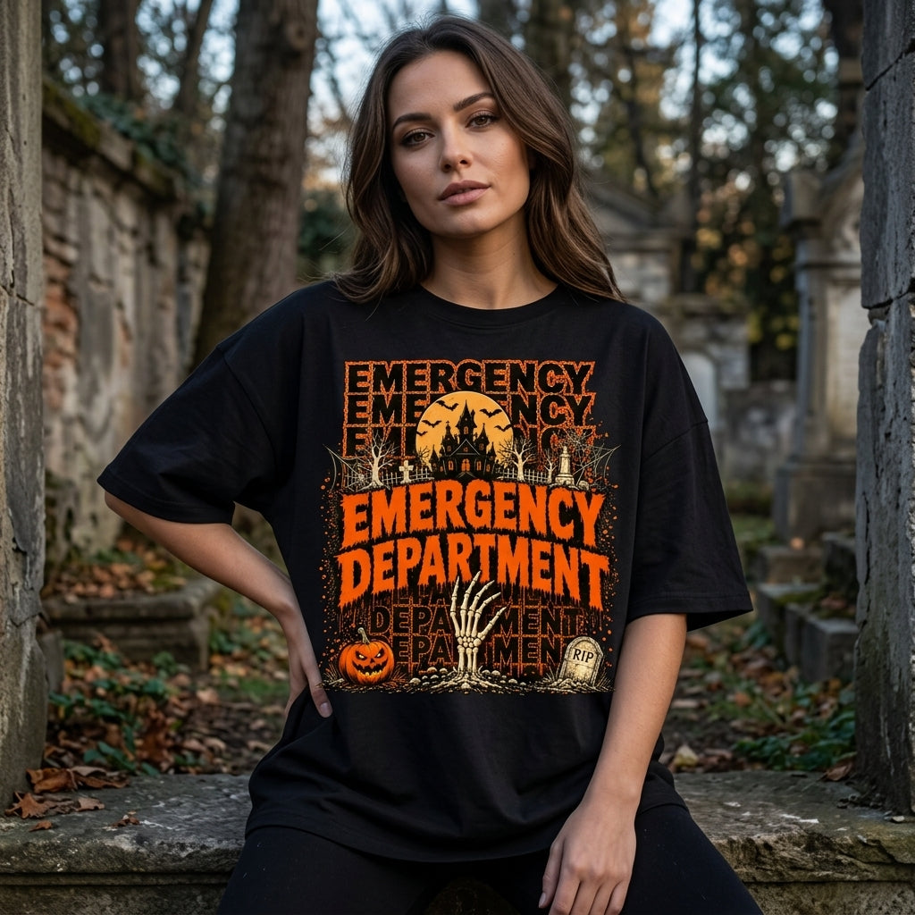 Halloween Emergency Department Graphic T-shirt Sweatshirt Hoodie – Spooky ER Nurse Gift - mockup 2