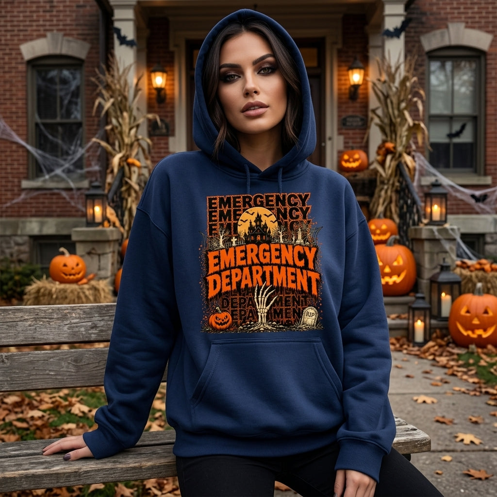 Halloween Emergency Department Graphic T-shirt Sweatshirt Hoodie – Spooky ER Nurse Gift - mockup 3