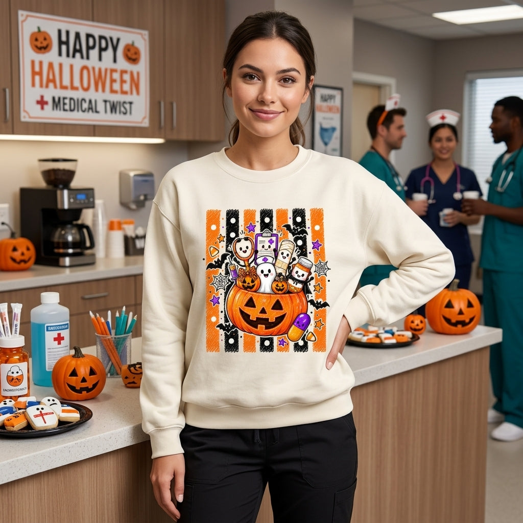 Halloween Nurse Medical Pumpkin T-shirt Sweatshirt Hoodie – Cute Spooky Healthcare Gift - mockup 1