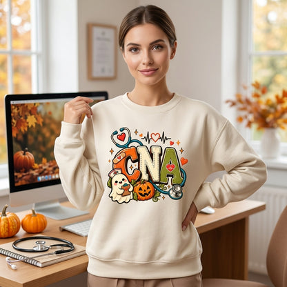 Cute Ghost & Pumpkin 23 CNA Halloween T-shirt Sweatshirt Hoodie – Nursing Assistant Gift - mockup 1