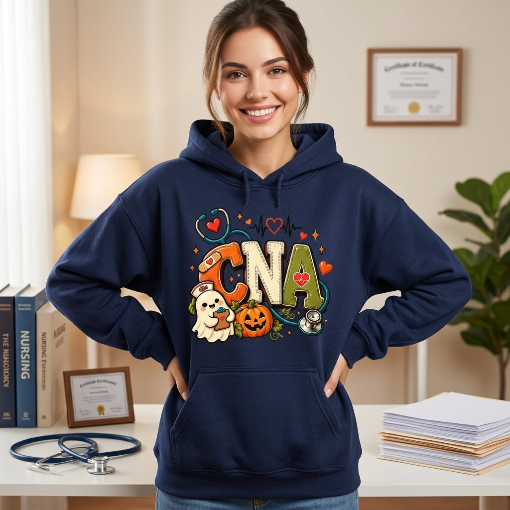 Cute Ghost & Pumpkin 23 CNA Halloween T-shirt Sweatshirt Hoodie – Nursing Assistant Gift - mockup 3