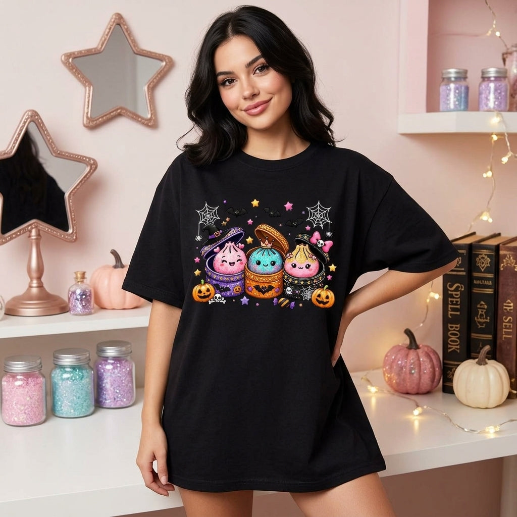 Kawaii Halloween Dumplings Glitter Spooky T-shirt Sweatshirt Hoodie - Cute Spooky Season Gift - mockup 2