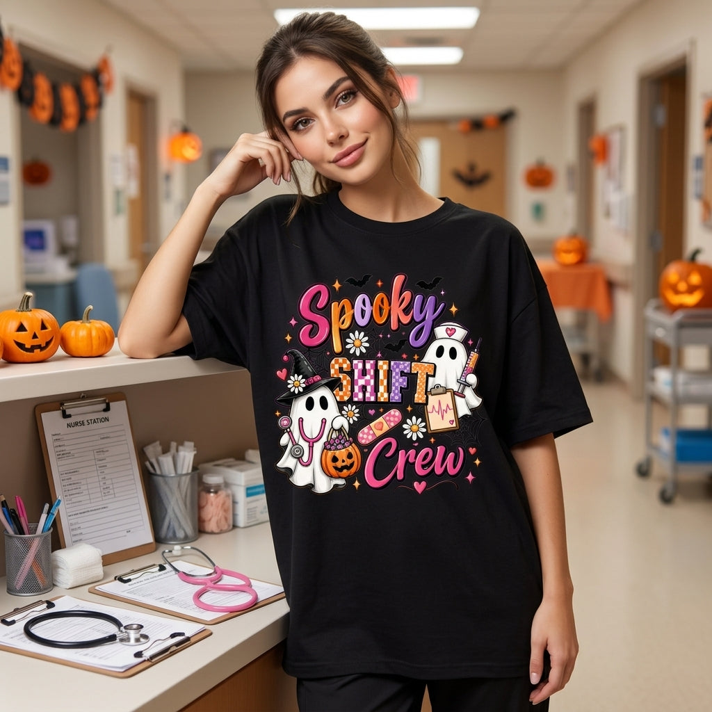 Spooky Shift Crew Ghost Nurse T-shirt Sweatshirt Hoodie - 7 Halloween Medical Gift - mockup 2