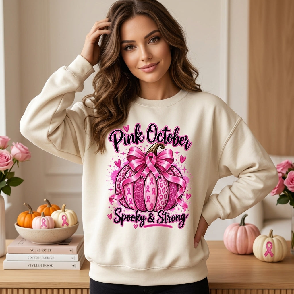 Pink October Spooky & Strong Breast Cancer Awareness Pumpkin T-shirt Sweatshirt Hoodie - mockup 1