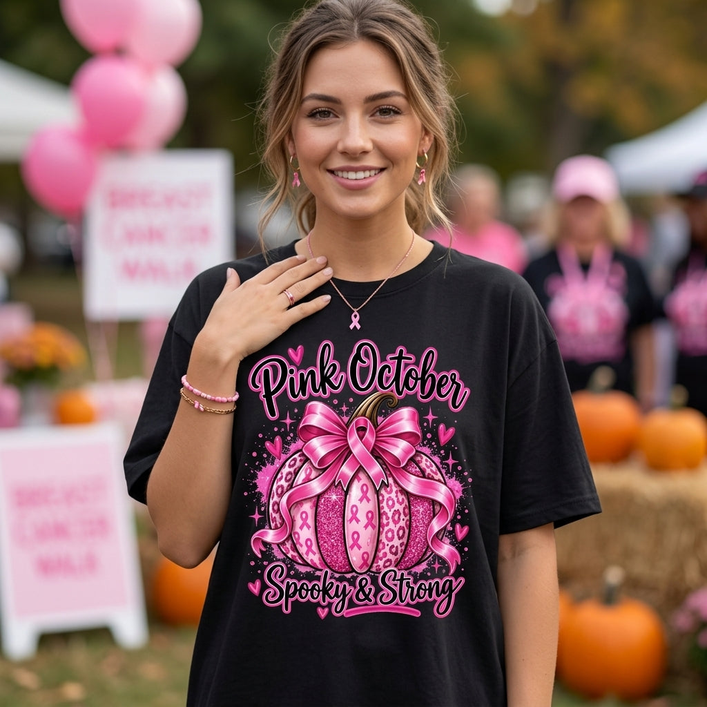 Pink October Spooky & Strong Breast Cancer Awareness Pumpkin T-shirt Sweatshirt Hoodie - mockup 2