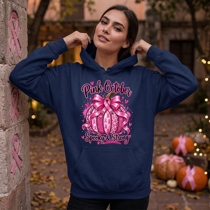 Pink October Spooky & Strong Breast Cancer Awareness Pumpkin T-shirt Sweatshirt Hoodie - mockup 3
