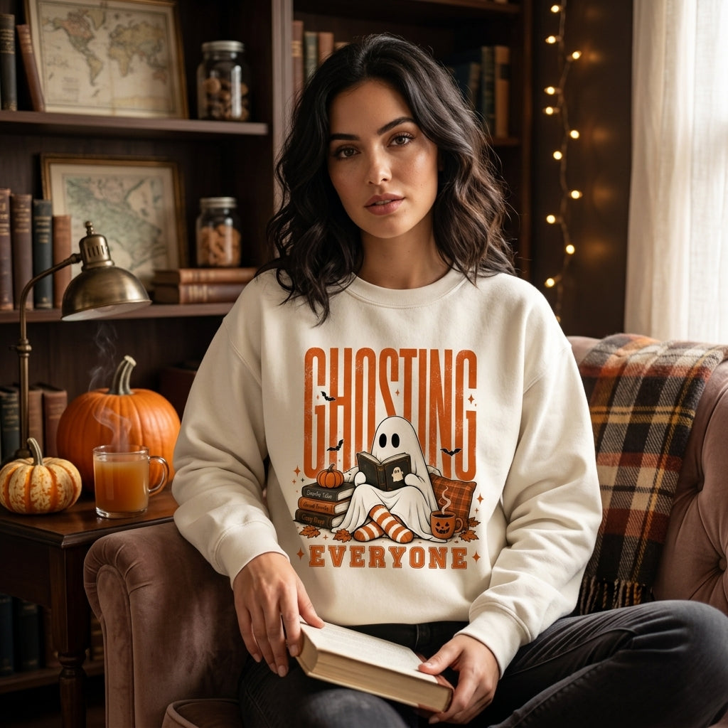 Ghosting Everyone Funny Halloween Reading Ghost T-shirt Sweatshirt Hoodie – Cozy Fall Gift - mockup 1