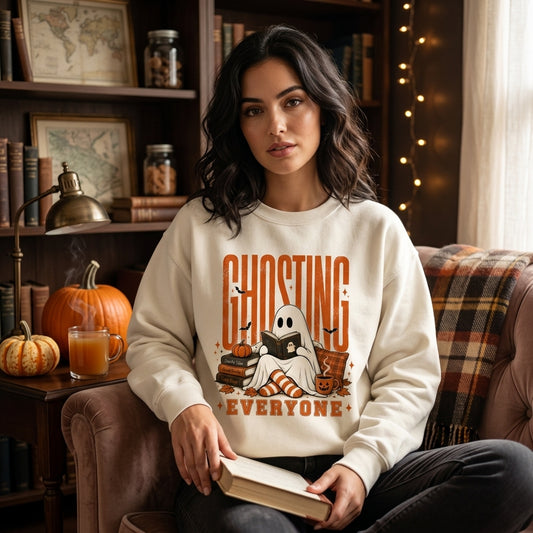 Ghosting Everyone Funny Halloween Reading Ghost T-shirt Sweatshirt Hoodie – Cozy Fall Gift - mockup 1
